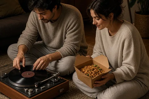 Two adults in soft loungewear relaxing on a living room rug with one holding takeout and the other interacting with a record player