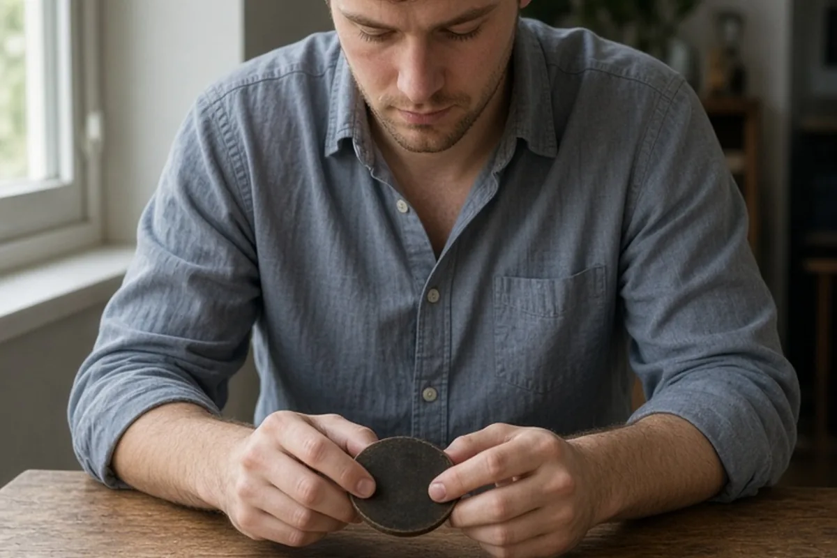 A young adult man at a table fidgeting with a drink coaster, face slightly flushed, looking down