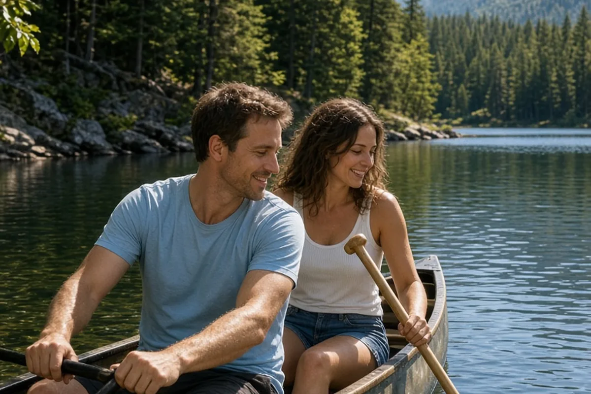 A clearly adult couple in a tandem canoe paddling slowly on a serene mountain lake with mountains and trees in the background.