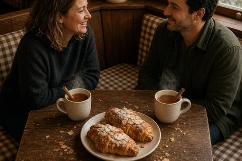 A man and a woman in their mid-thirties sitting in a wooden booth at a cozy bakery, smiling and talking while sharing almond croissants and tea