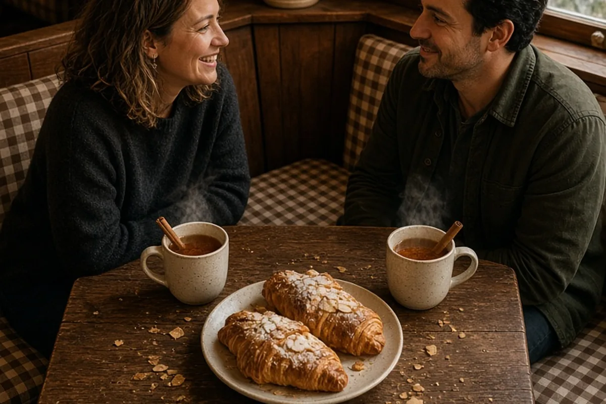 A man and a woman in their mid-thirties sitting in a wooden booth at a cozy bakery, smiling and talking while sharing almond croissants and tea