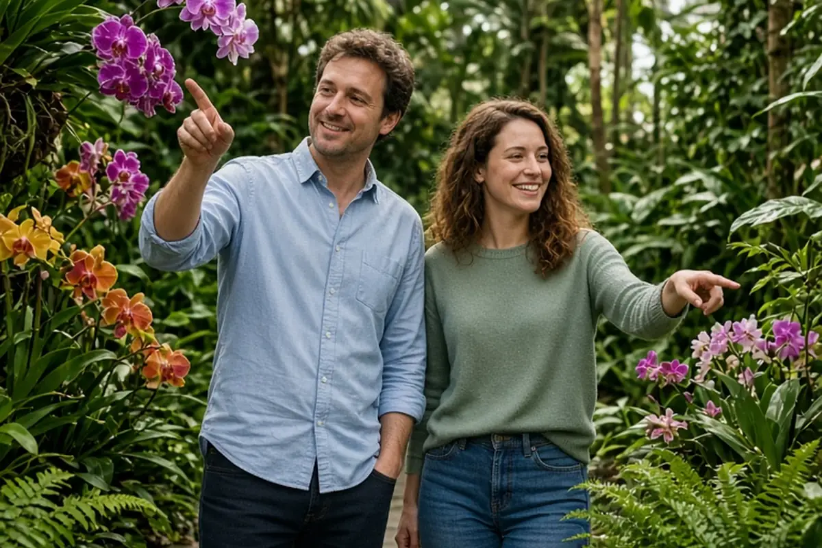 A couple walking side by side in a botanical conservatory among tropical plants and flowers