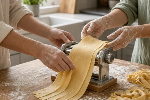 A couple in a kitchen collaborates to roll fresh pasta dough through a manual machine, one guiding it while the other catches the ribbons with flour-dusted hands.