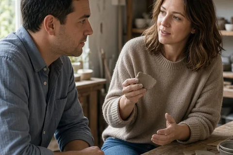 A man in his thirties with short dark hair leaning forward listening intently to a woman in her thirties with shoulder-length brown hair who is gesturing with clay at a pottery workshop table.