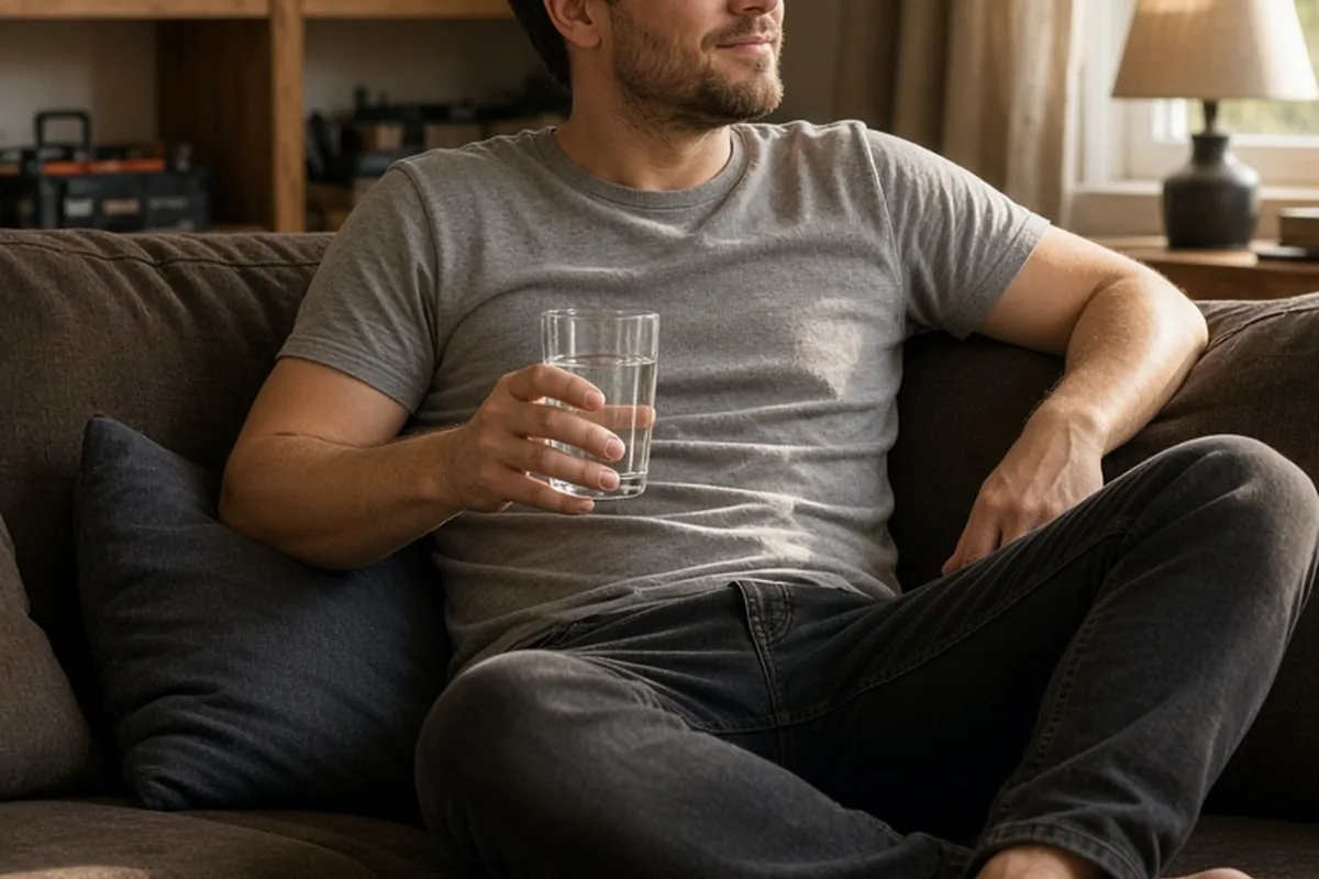 A man in his thirties sitting relaxed alone on a couch in a home den holding a glass of water with a calm expression