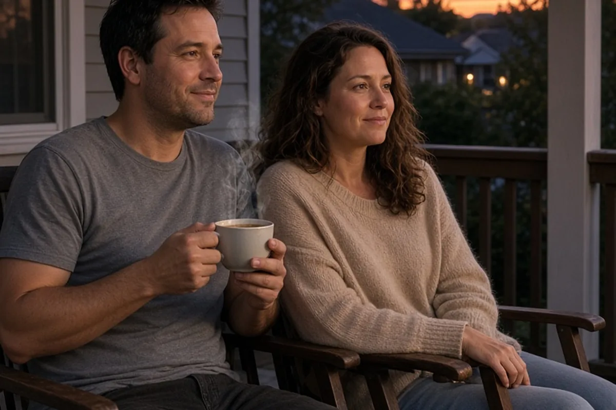 A man and woman sitting on folding chairs on a suburban porch at twilight with tea cups in their hands
