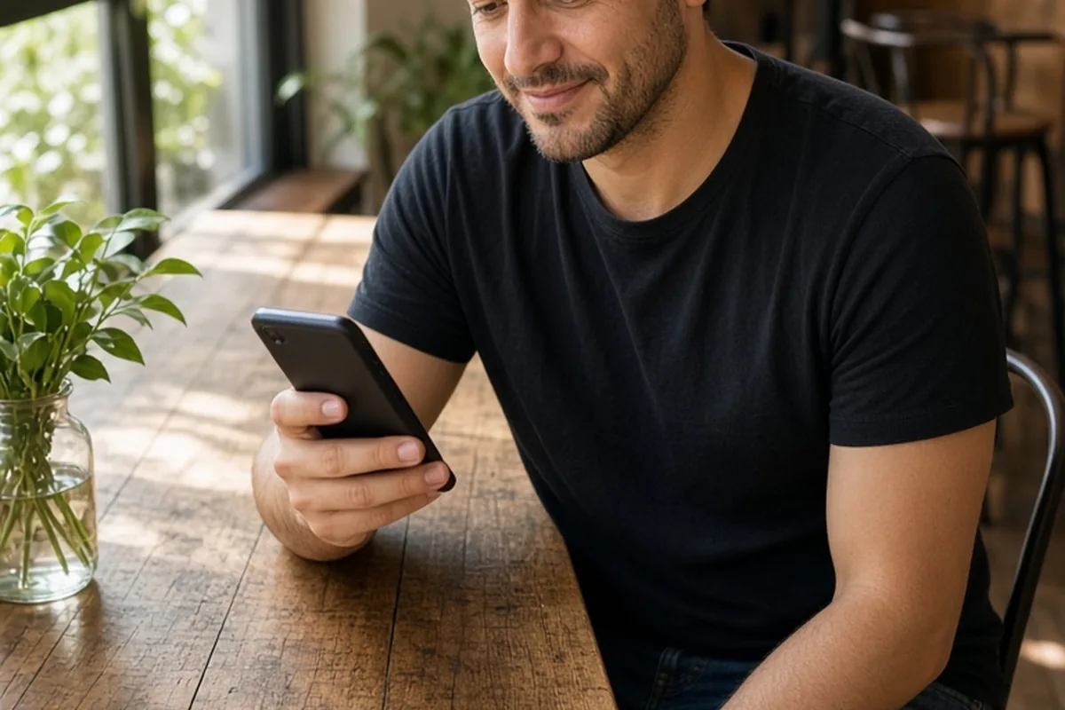 A clearly adult man in his thirties with short dark hair wearing a casual black t-shirt and jeans, seated at a wooden table in a cafe, holding a smartphone and looking at the screen with an interested