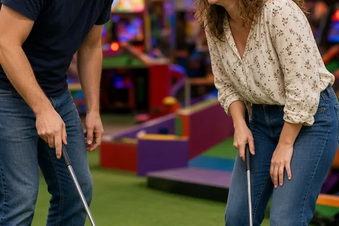 Two adults laughing while playing mini-golf at an indoor course, with one taking a putt and the other reacting to a missed shot
