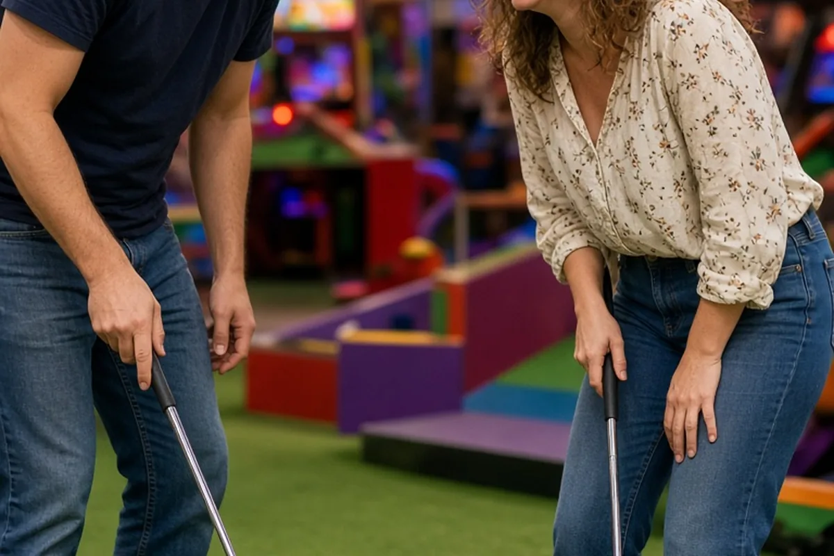Two adults laughing while playing mini-golf at an indoor course, with one taking a putt and the other reacting to a missed shot
