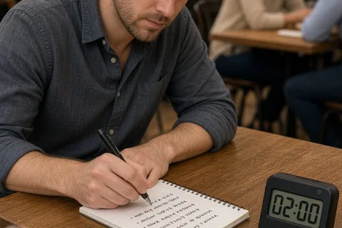 A man sitting at a speed dating table writing shorthand notes on a notepad with a pen, with blurred participants in the background