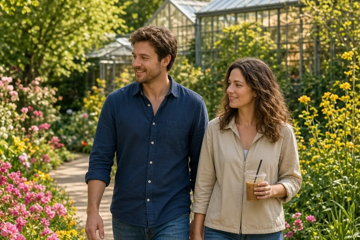 A man and a woman walking side by side in a botanical garden, the woman holding a coffee cup, with blooming flowers and greenhouses in the background