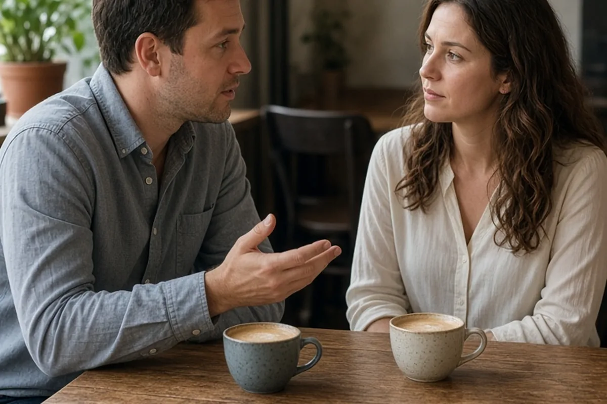 A man in his early thirties with short brown hair speaking to a woman in her early thirties with long wavy brown hair at a cafe table with coffee cups
