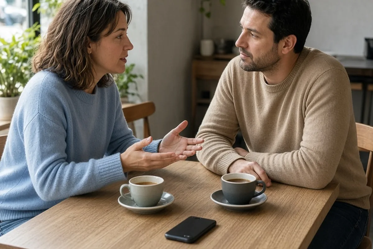 A clearly adult woman with wavy brown hair and a clearly adult man with short dark hair sitting at a coffee shop table in an open conversation, with coffee cups and a face-down phone on the table.