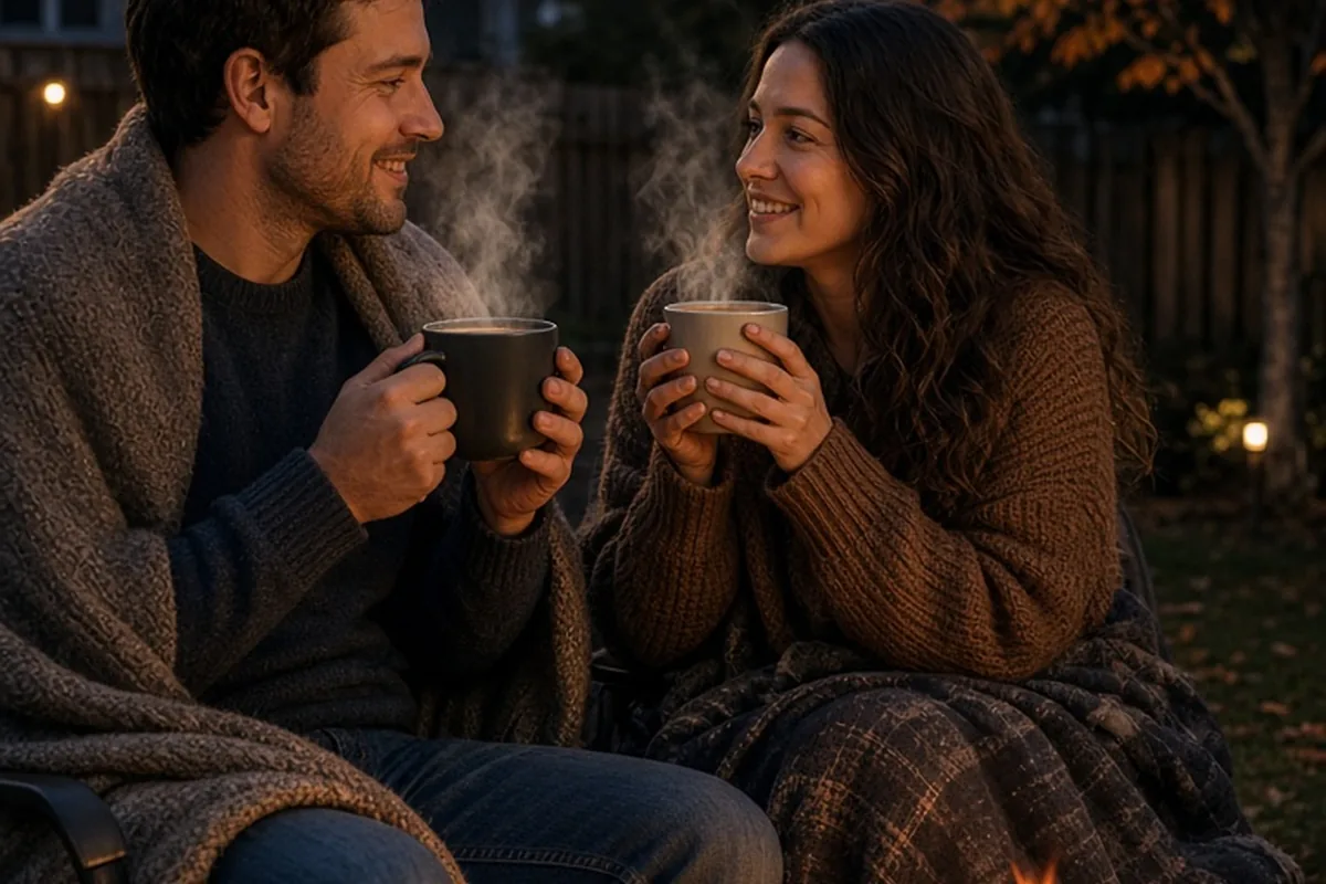 Two adults wrapped in blankets on camping chairs by a portable fire pit in a backyard at dusk holding mugs of spiced cider