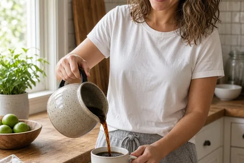 A clearly adult woman with shoulder-length wavy brown hair smiles while pouring coffee into a white ceramic mug in a bright modern kitchen, morning sunlight illuminating the scene.