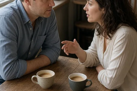 A man with short brown hair in a button-up shirt leaning forward listening to a woman with shoulder-length wavy dark brown hair in a cream blouse at a coffee shop table with coffee cups.
