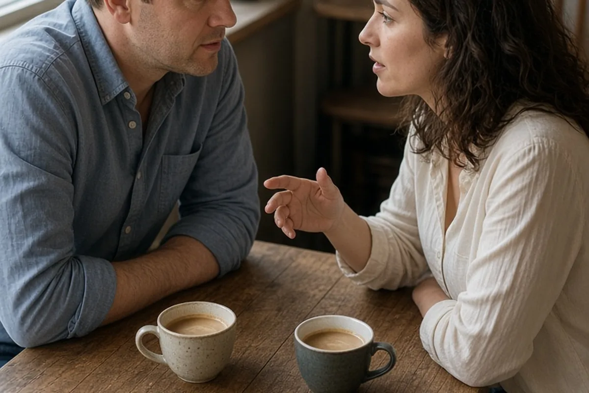 A man with short brown hair in a button-up shirt leaning forward listening to a woman with shoulder-length wavy dark brown hair in a cream blouse at a coffee shop table with coffee cups.
