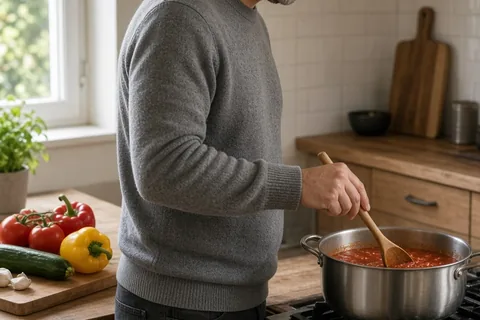 A man in a home kitchen stirring a pot on the stove while preparing dinner