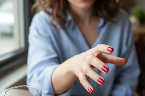 A woman with red nail polish gesturing with her hand at a cafe table