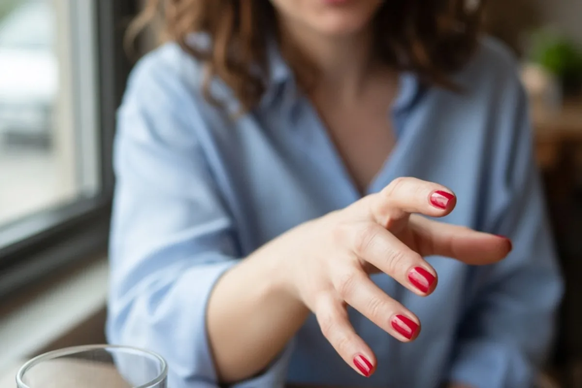 A woman with red nail polish gesturing with her hand at a cafe table
