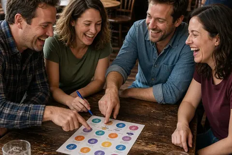 Four adults laughing together at a trivia table in a pub, two men and two women pointing at a pop culture answers paper