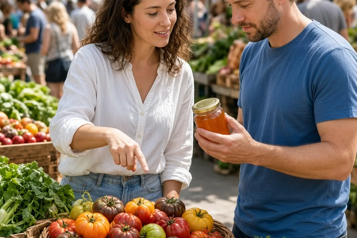 Woman pointing to vegetables at a farmers market with a man next to her examining a product