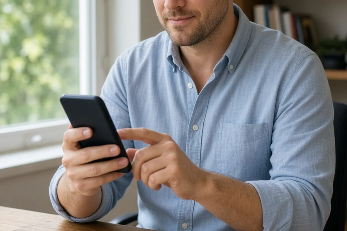 A man in his mid-thirties with short brown hair sitting at a wooden desk in a home office, holding his smartphone and typing a calm supportive reply with a patient expression