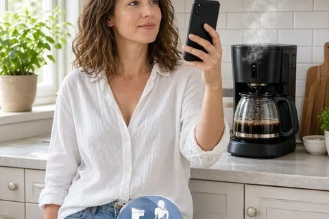 A woman in a kitchen holding a smartphone and brewing coffee