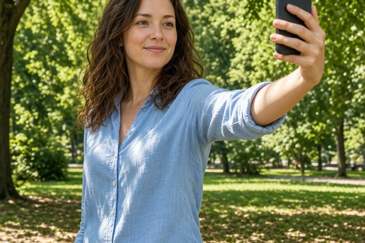 A woman with wavy brown hair standing in a sunny park holding a smartphone up to take a selfie of herself, dressed in a light blue blouse and jeans, smiling at the camera.