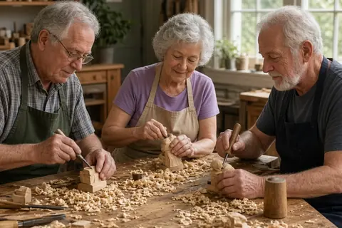 Three seniors in their 60s and 70s with graying hair engaged in a woodcarving workshop at a senior center, sitting at a table with chisels, mallets, and wooden carvings