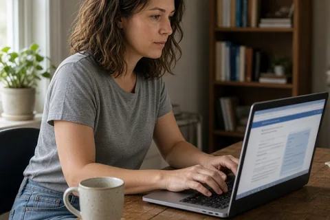 A woman in her thirties with shoulder-length wavy brown hair wearing a casual t-shirt and jeans sitting at a wooden desk typing on a laptop in a home office, with the screen visible but content blurre