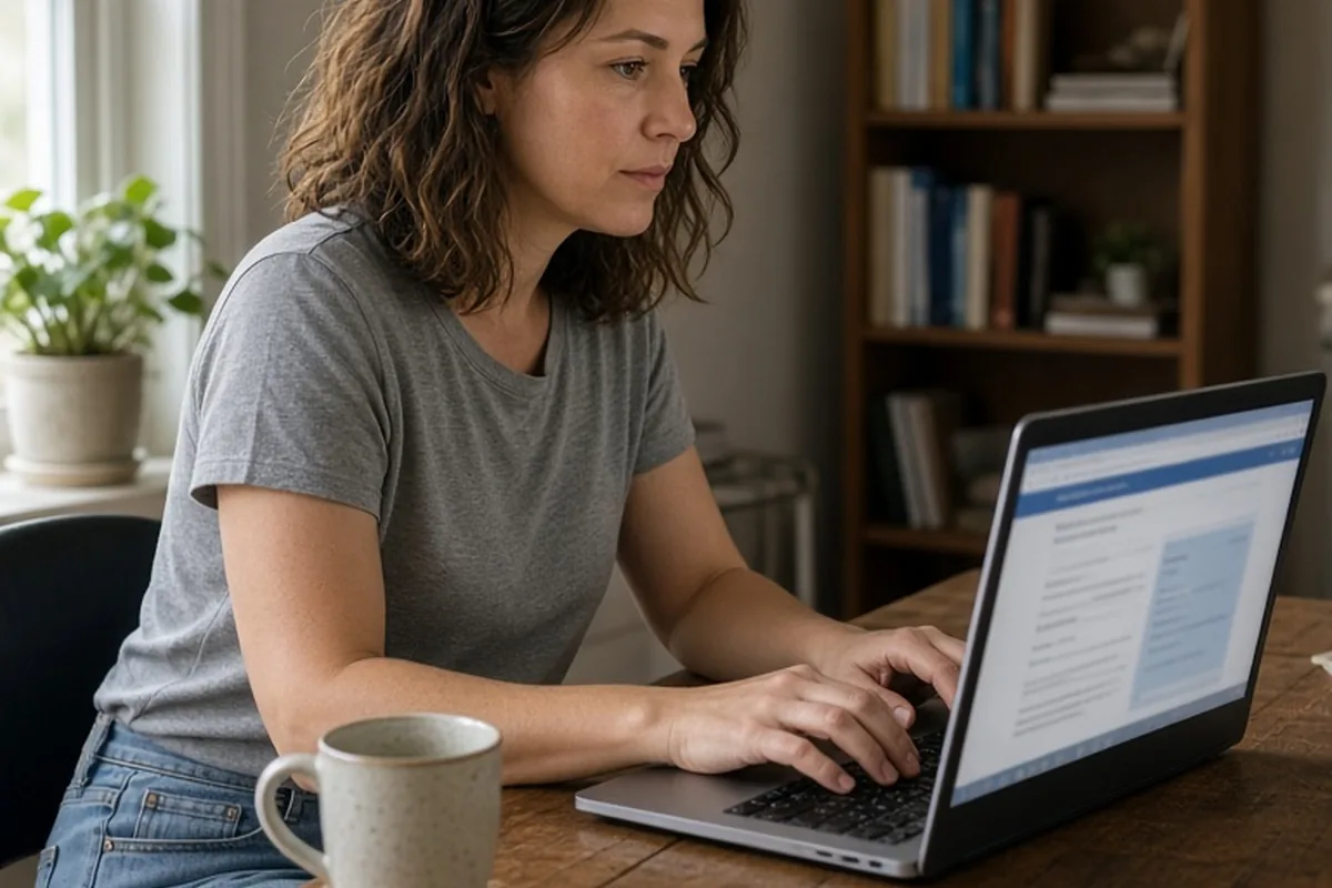 A woman in her thirties with shoulder-length wavy brown hair wearing a casual t-shirt and jeans sitting at a wooden desk typing on a laptop in a home office, with the screen visible but content blurre