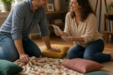 A couple in casual clothes spreading cushions and a blanket on the living room rug to set up a picnic for a free romantic date night with game cards nearby