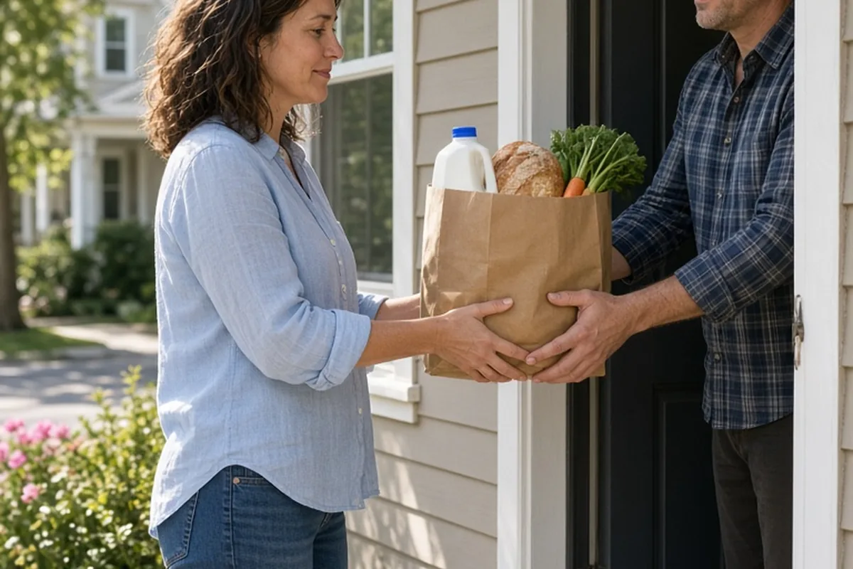 Woman handing a bag of groceries to a man at the front door of a suburban house