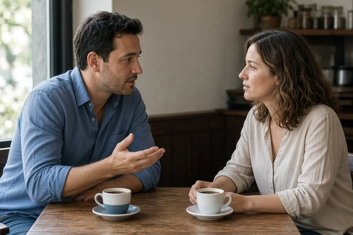 A man and woman seated at a cafe table in a quiet setting, engaged in a serious conversation about their relationship
