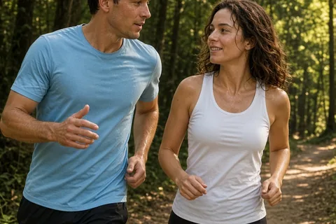 A man and a woman running side by side on a forest trail, the man leaning in to talk to the woman