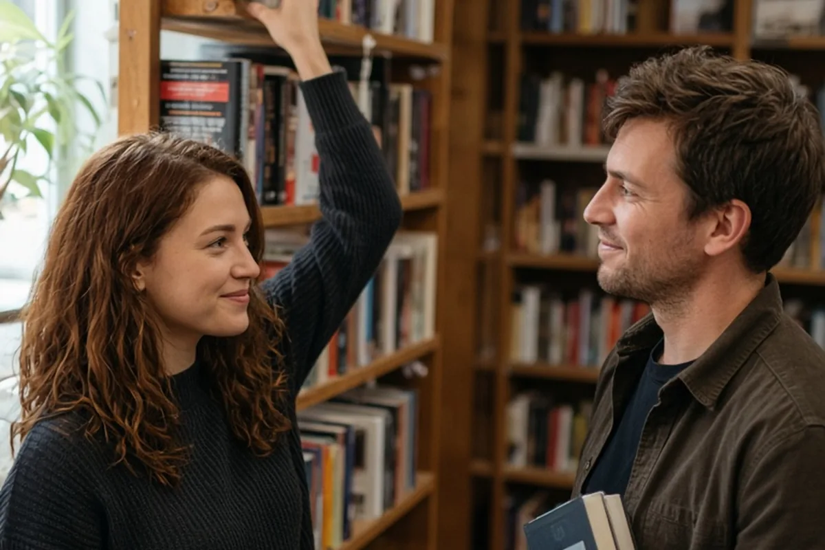 A woman with shoulder-length wavy auburn hair in a bookstore reaches for a book while making eye contact with a man across the aisle who is also browsing, both with subtle smiles