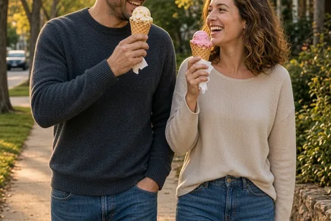 A couple walking in a neighborhood at dusk while eating ice cream cones and talking to each other.