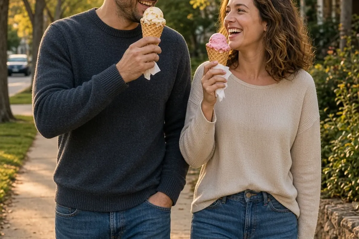 A couple walking in a neighborhood at dusk while eating ice cream cones and talking to each other.