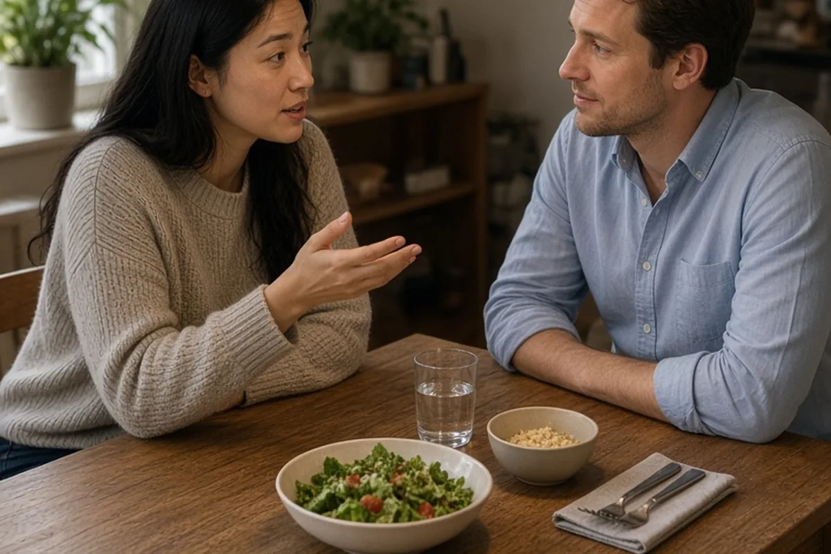A clearly adult woman in her late twenties with long straight dark hair at a wooden dining table in her apartment gesturing as she explains exclusive dating to her clearly adult partner in his early t