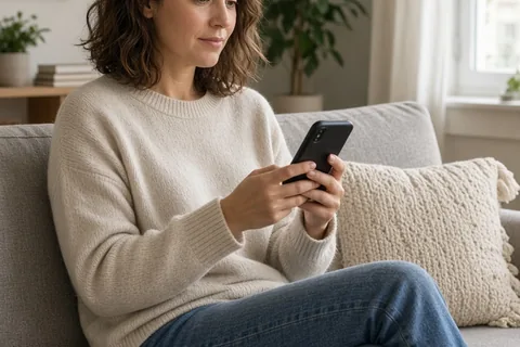 A woman with wavy brown hair in casual sweater and jeans sitting on a sofa holding her smartphone looking at it calmly