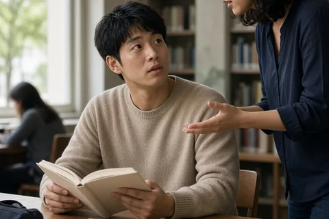 A mid-twenties man with short black hair wearing a beige sweater sits at a library table looking surprised as a woman with wavy black hair leans in to speak to him