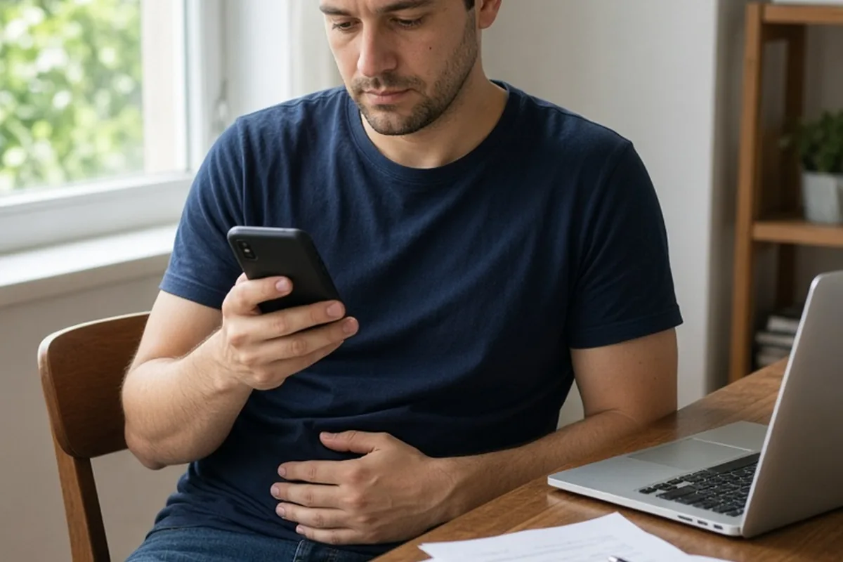A clearly adult man in his late twenties with short dark hair and light stubble sitting at a desk holding a smartphone with his hand resting on his stomach showing hesitation