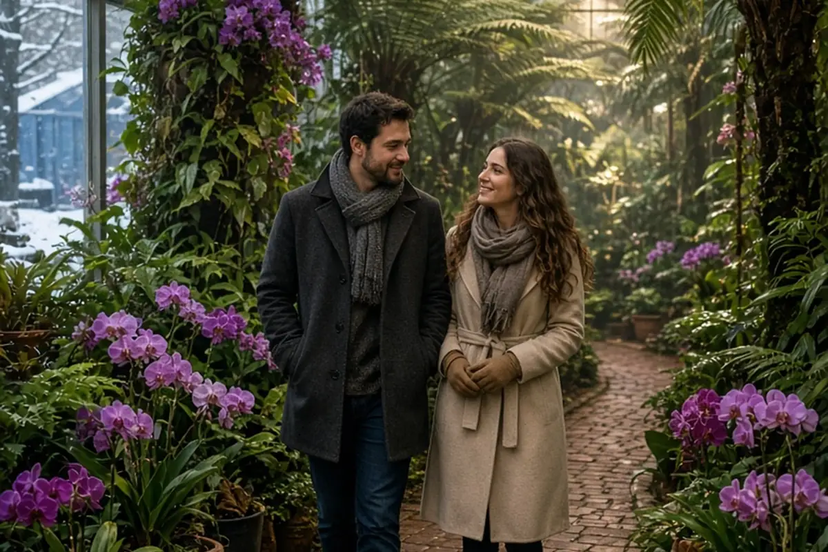 A couple walking through a lush tropical greenhouse conservatory filled with orchids, ferns and palms, with a snowy winter landscape visible through the glass walls
