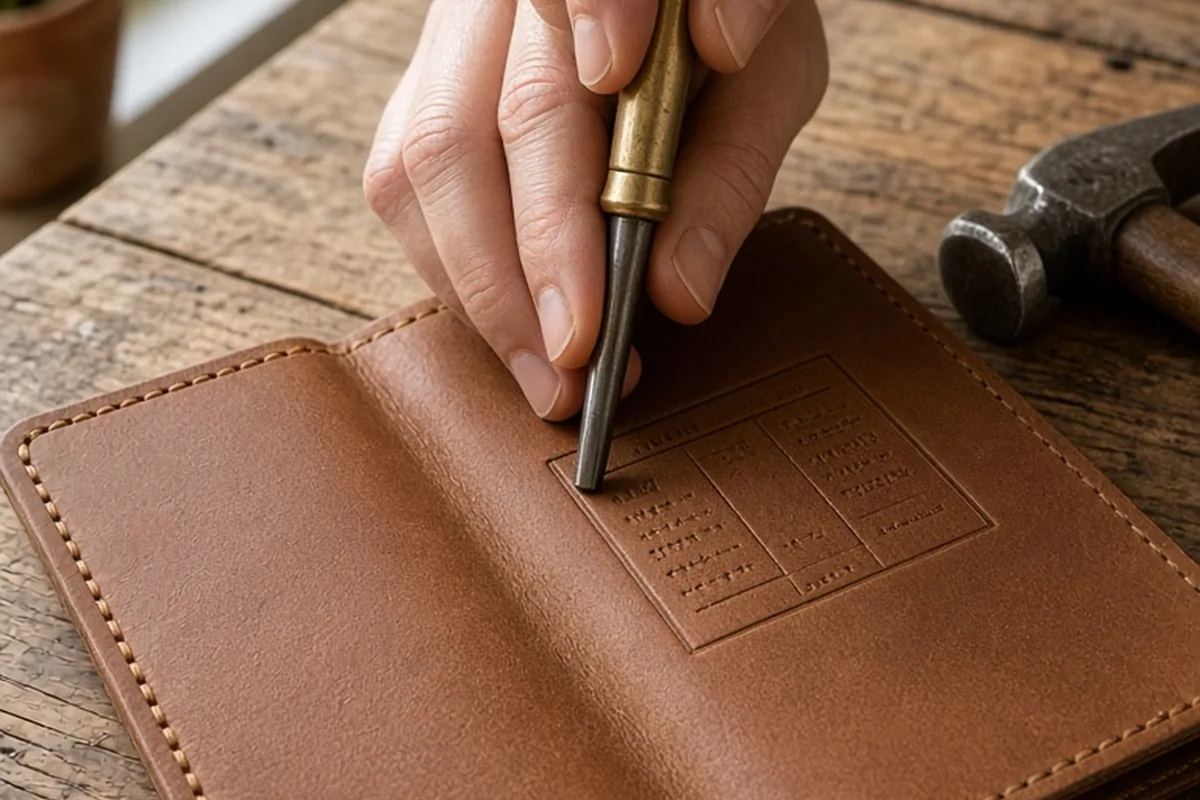 A woman's hands stamping a metal tool into the flap of an open leather passport cover on a wooden table