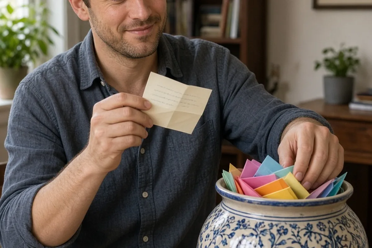A man in his thirties selecting a folded note from a decorative jar of categorized anniversary gift notes on a wooden table