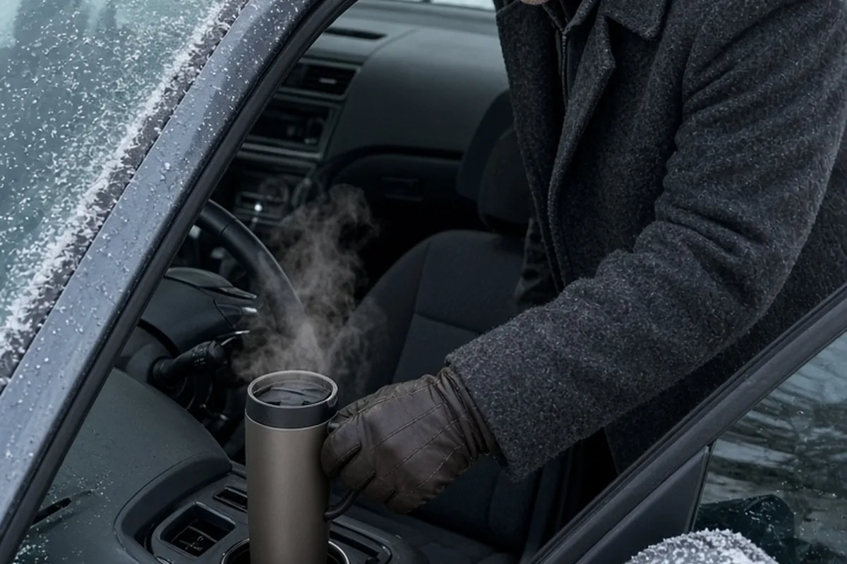 A man in winter clothing placing a hot tea mug into a car's cup holder on a snowy driveway
