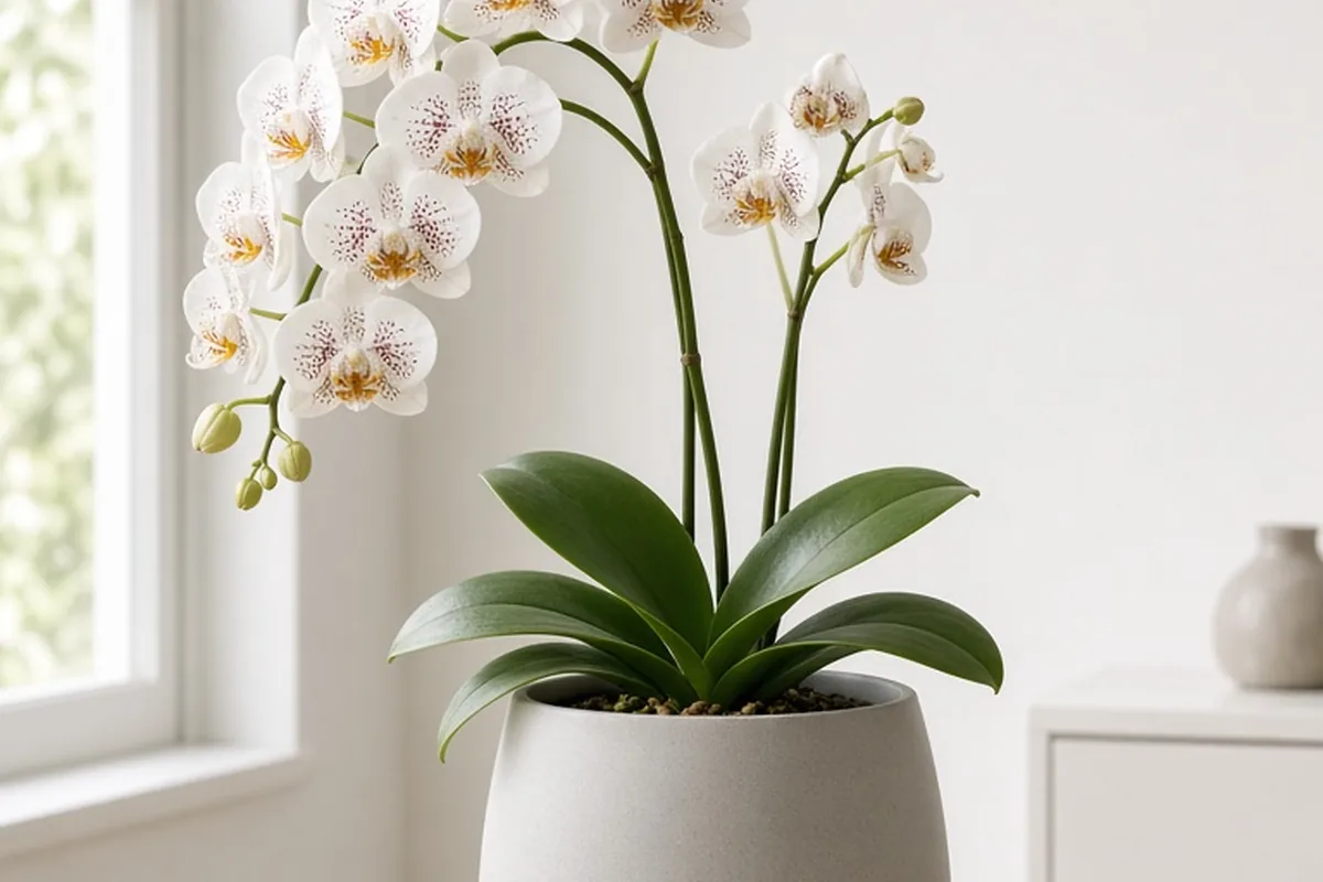 A potted white phalaenopsis orchid in a modern ceramic planter on a wooden desk with white flowers and green leaves