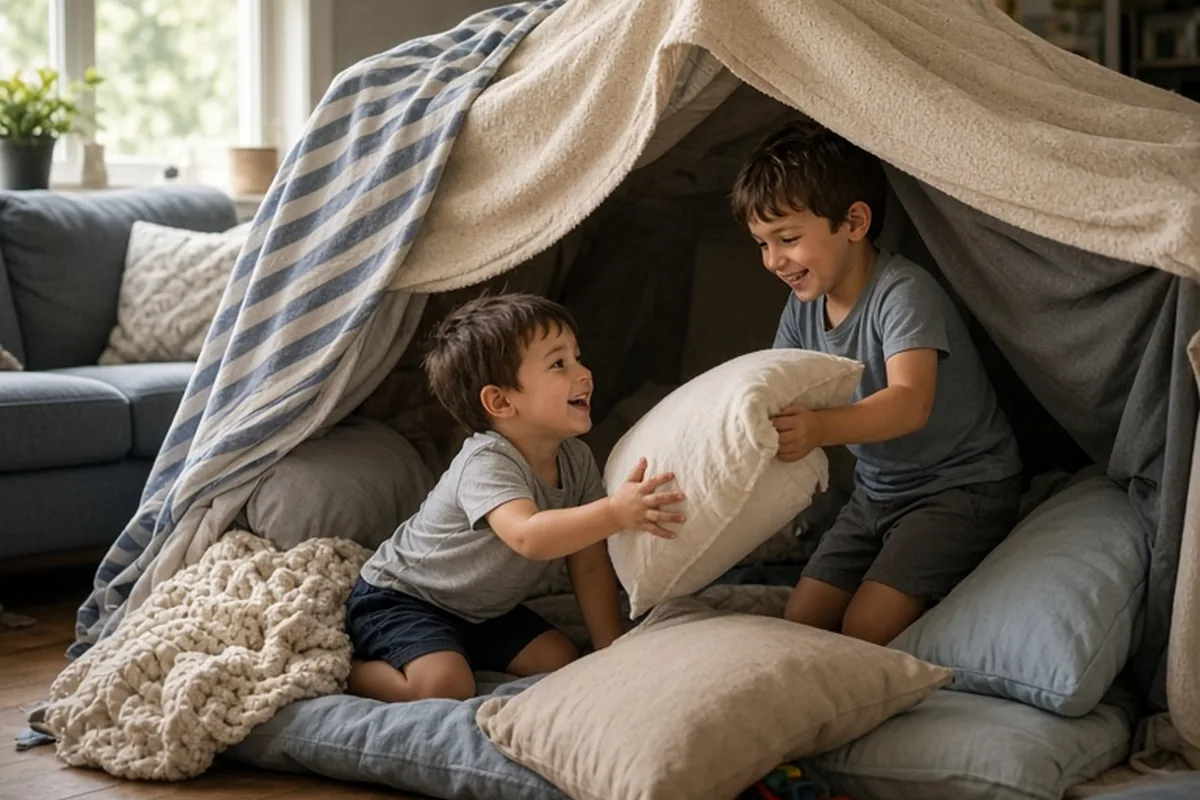 Two young boys building a messy blanket fort in a living room