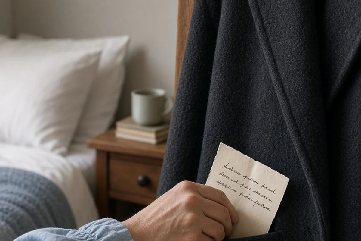 A woman's hand inserting a handwritten note into a man's coat pocket in a bedroom